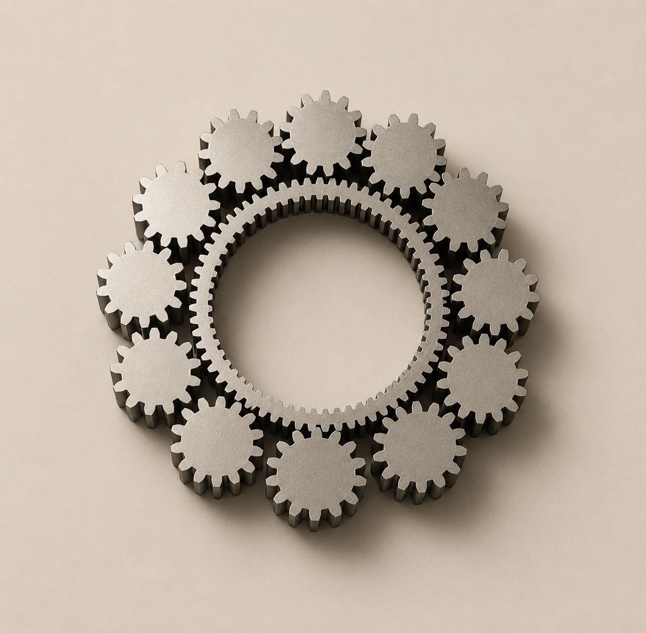 Metal cog system arranged around a large central ring gear